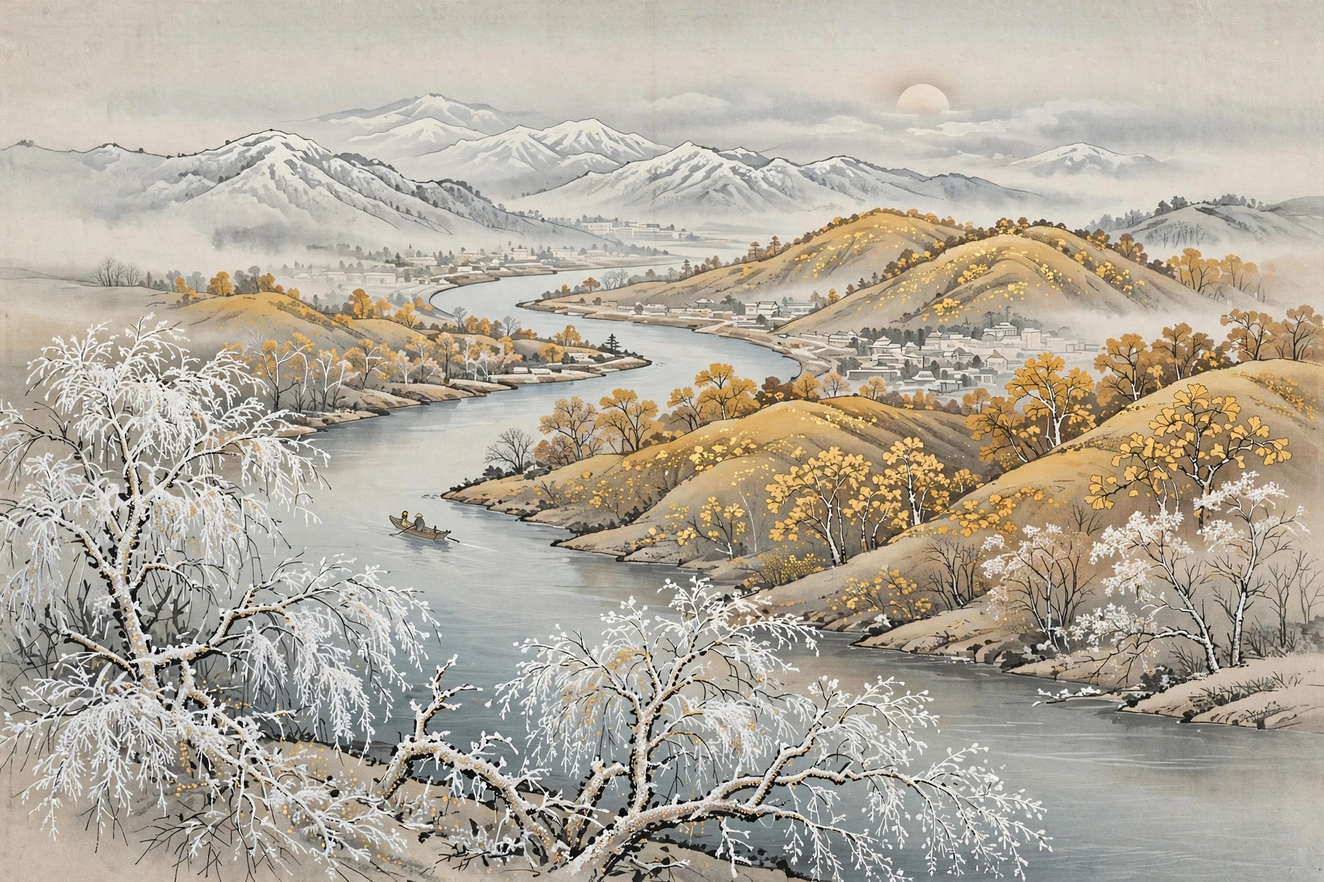 Ink-wash illustration of the Songhua River through autumn and winter