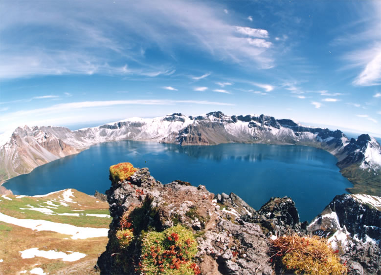 Heaven Lake (Tianchi) in the volcanic crater on Changbai Mountain, ringed by peaks