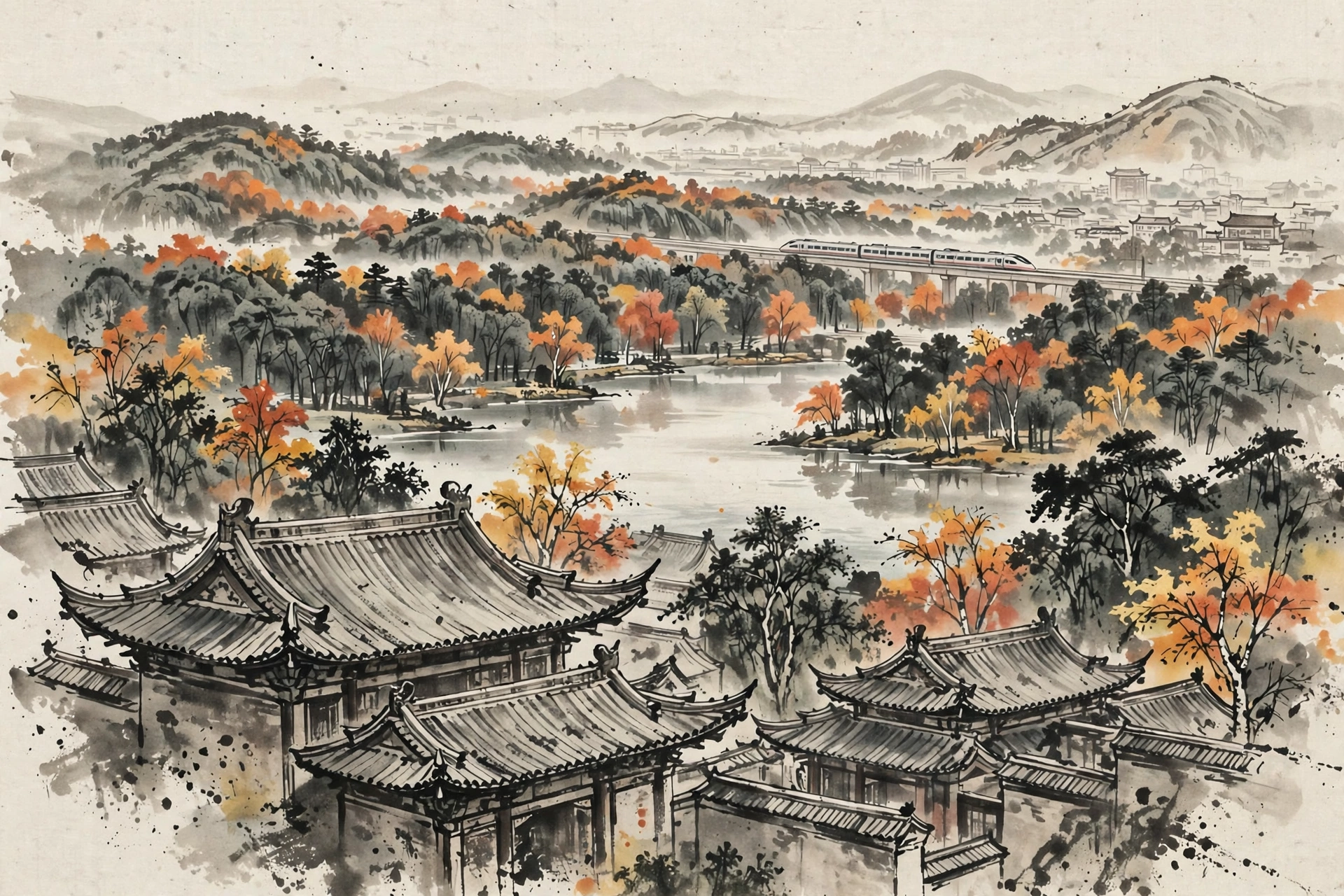 Ink-wash illustration of palace roofs, a lake, and a high-speed train near Changchun