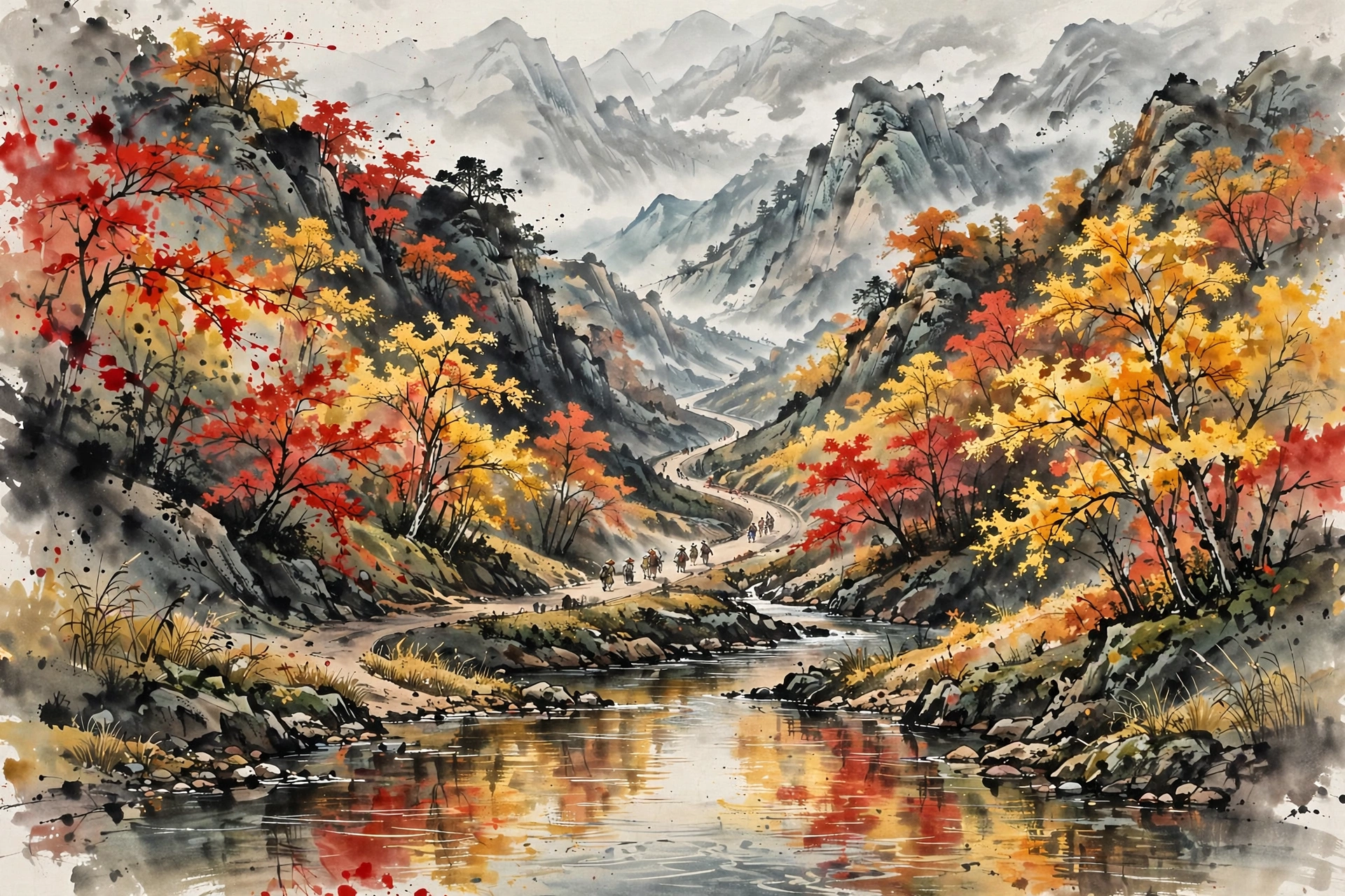 Ink-wash illustration of an autumn red-leaf valley with a winding road