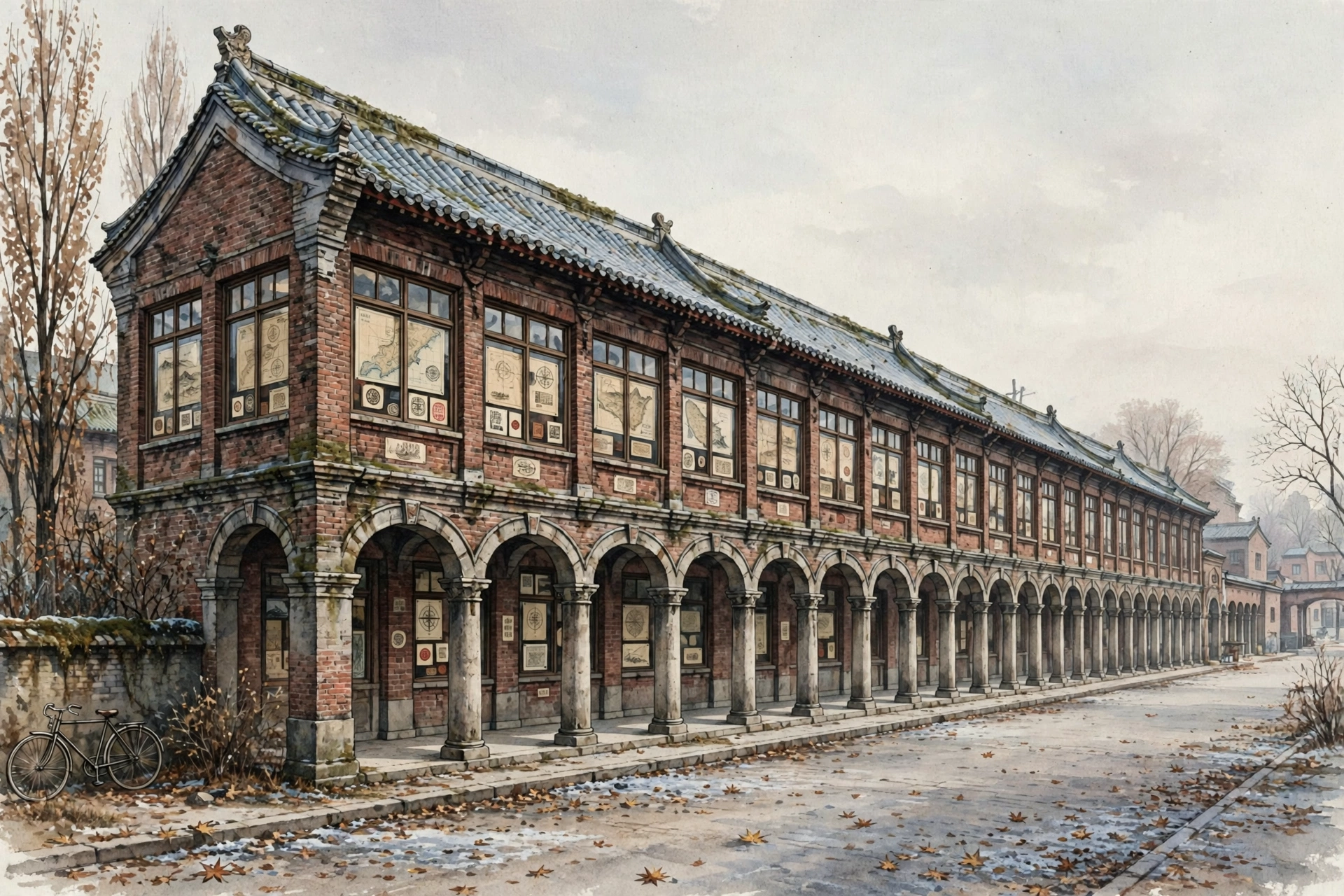 Illustration of a historic 1930s brick office building with a tiled roof, seen from a quiet street