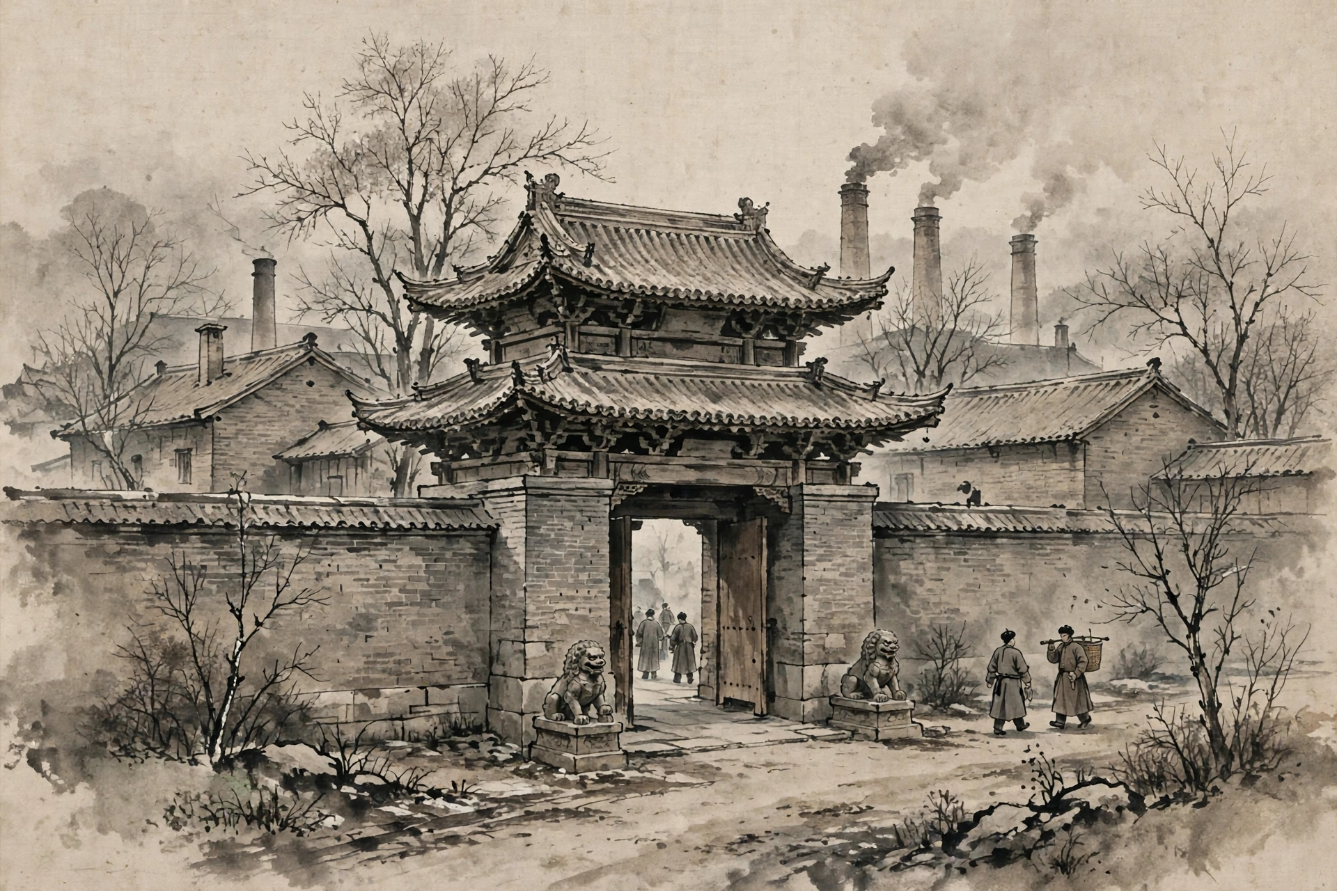 Ink-wash illustration of the Jilin Arsenal's north gate in the Qing era, with factory chimneys behind