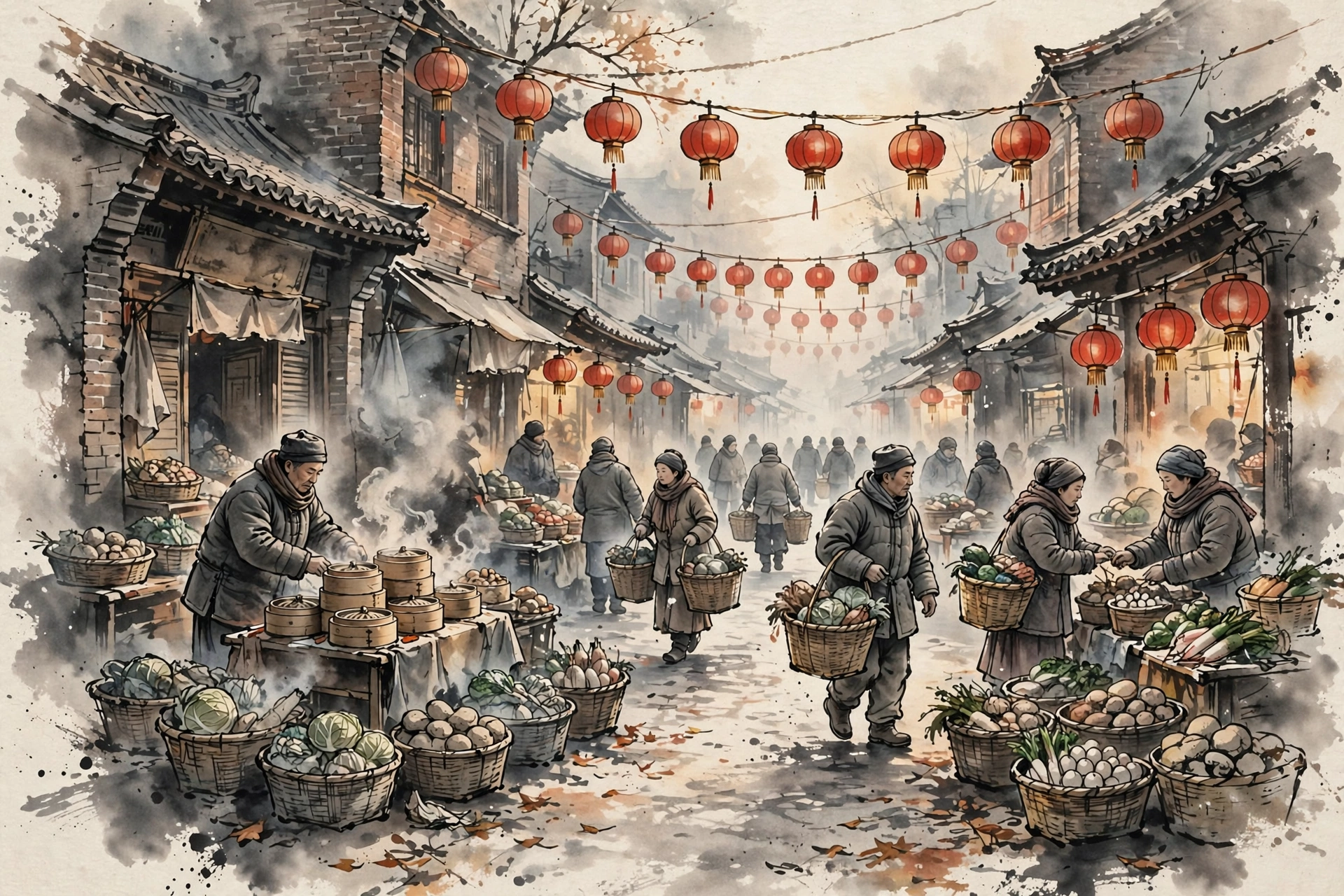 Ink-wash illustration of a bustling Jilin morning market