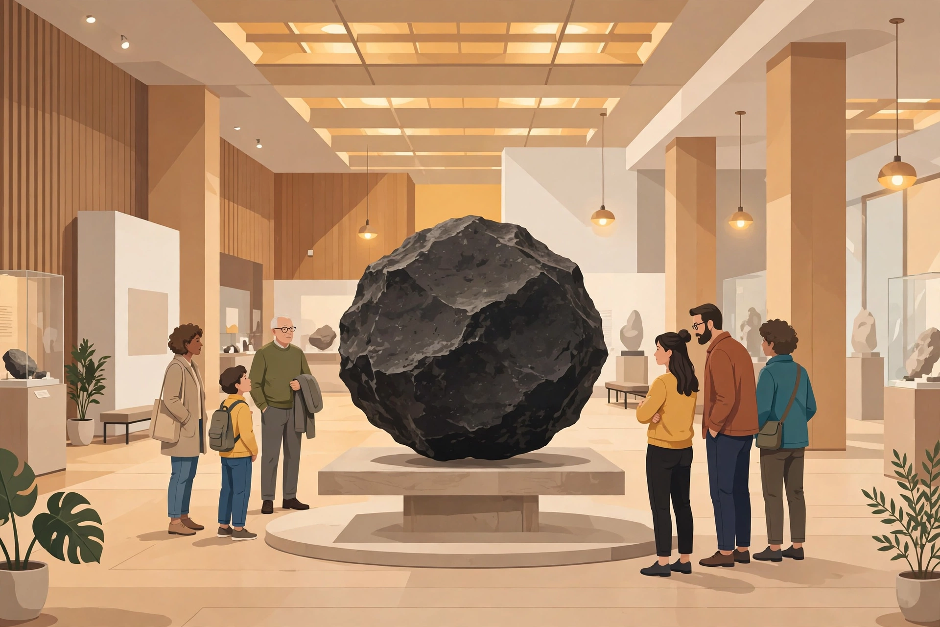 Museum exhibition hall with a large meteorite on display (illustration)