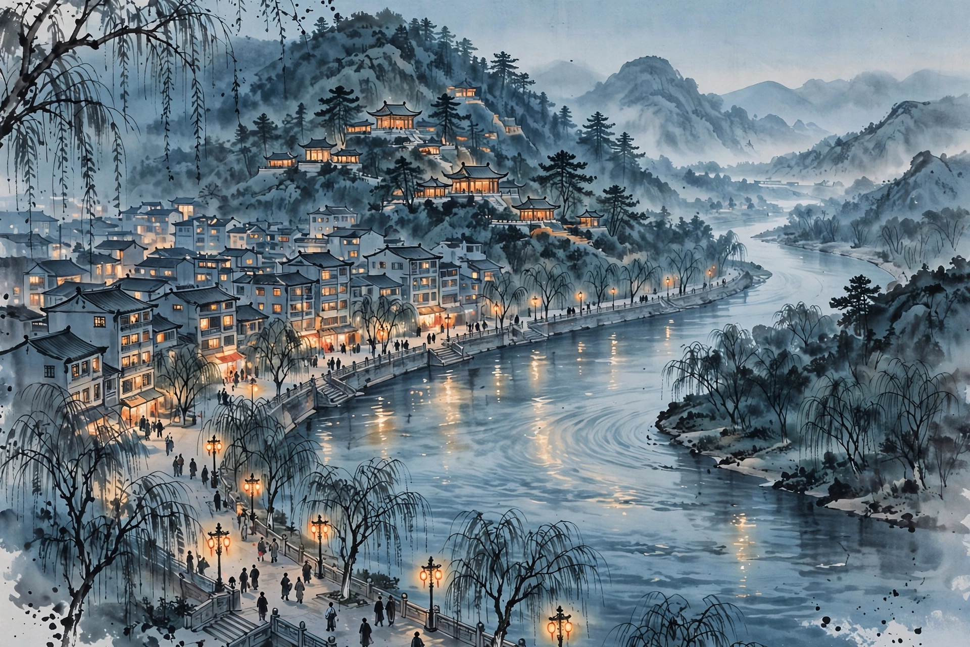 Ink-wash illustration of Jilin's riverfront promenade at dusk with Beishan hill behind