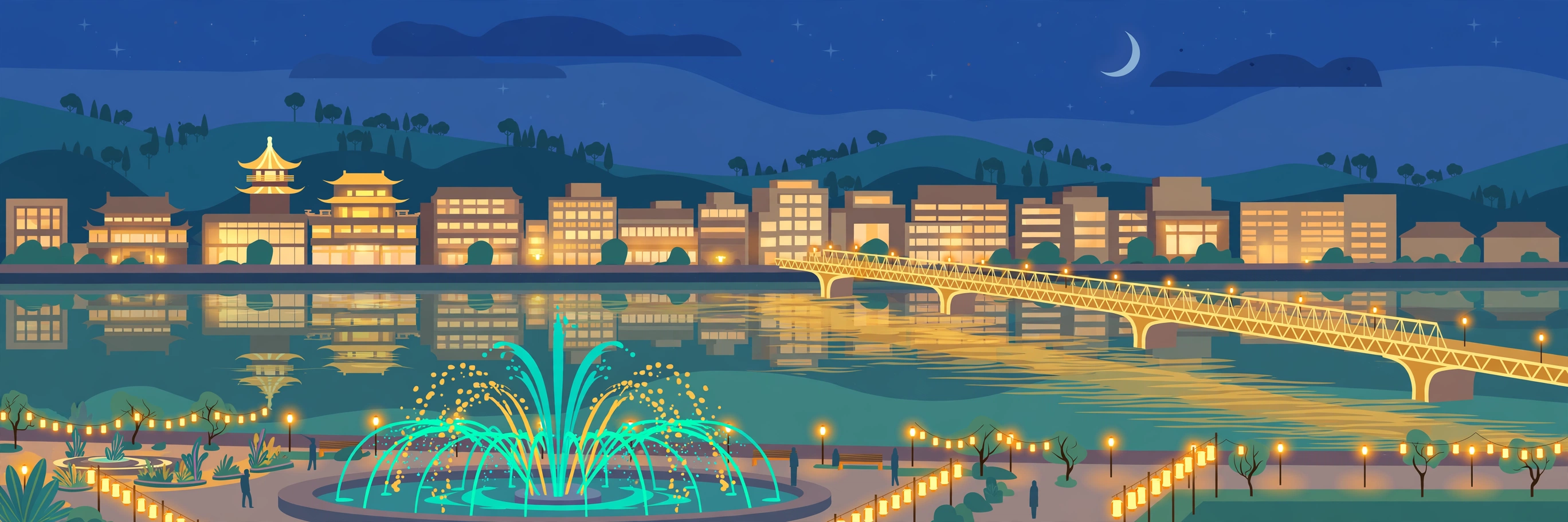 Illustration of a lit bridge over the Songhua River at night, with a music fountain in a riverside square
