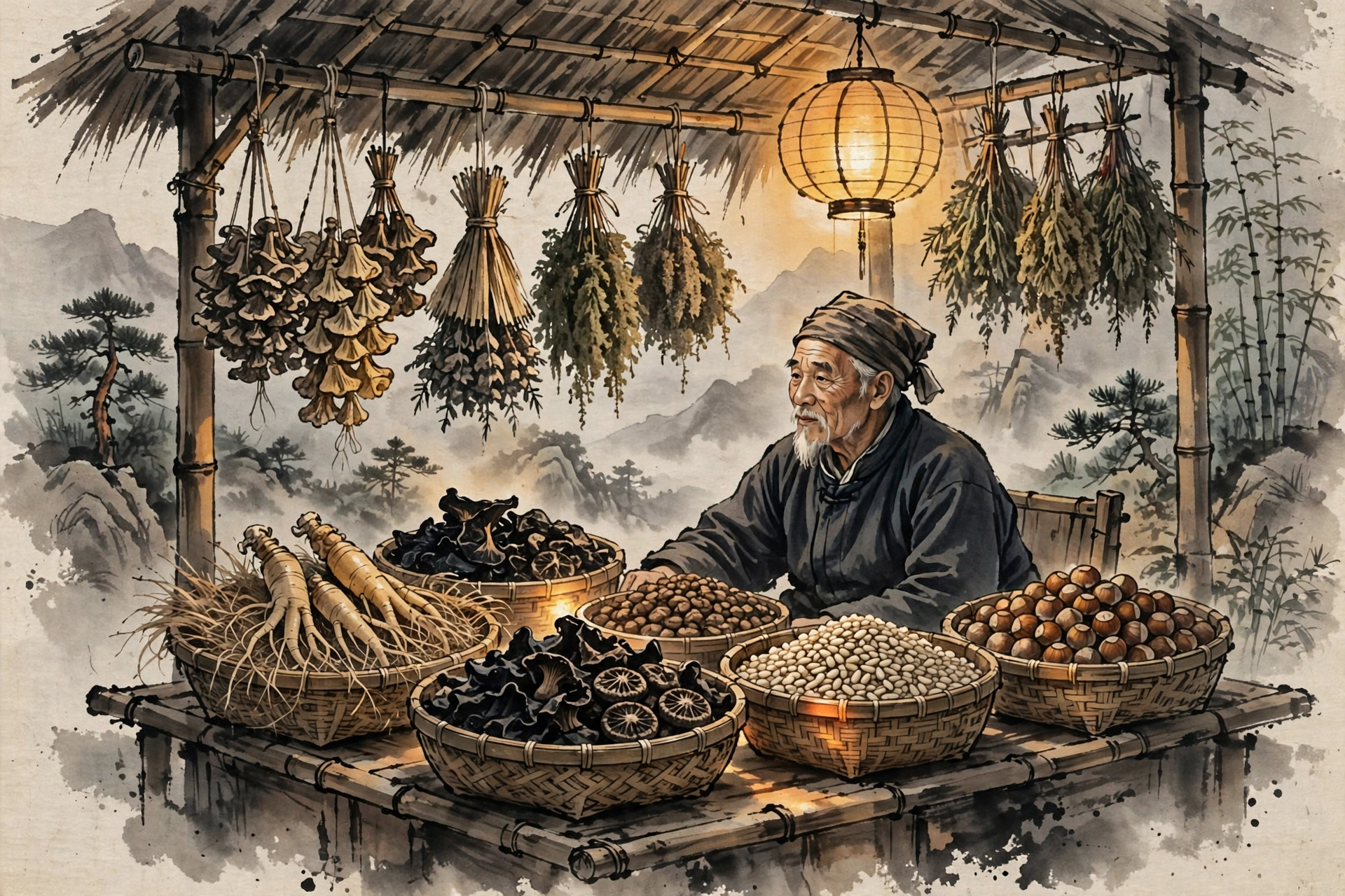 Ink-wash illustration of a market stall selling ginseng, mushrooms, and nuts