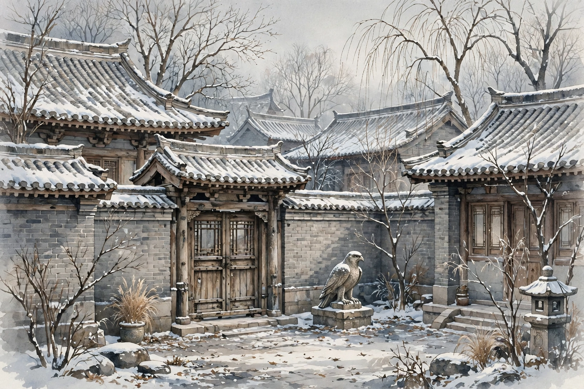 Illustration of a snowy Manchu courtyard house with a falcon sculpture in the yard