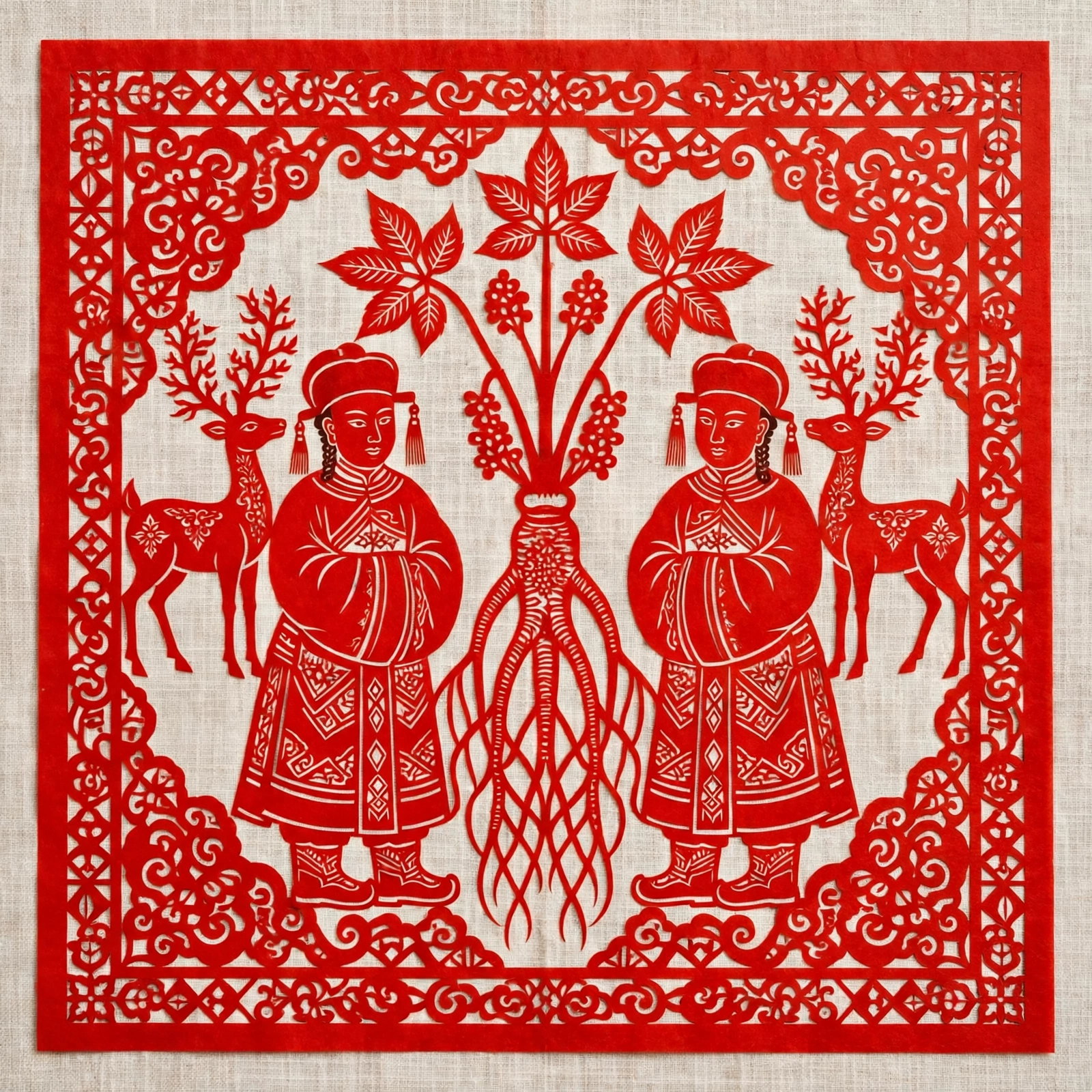 Red paper-cut with symmetrical folk figures (illustration)