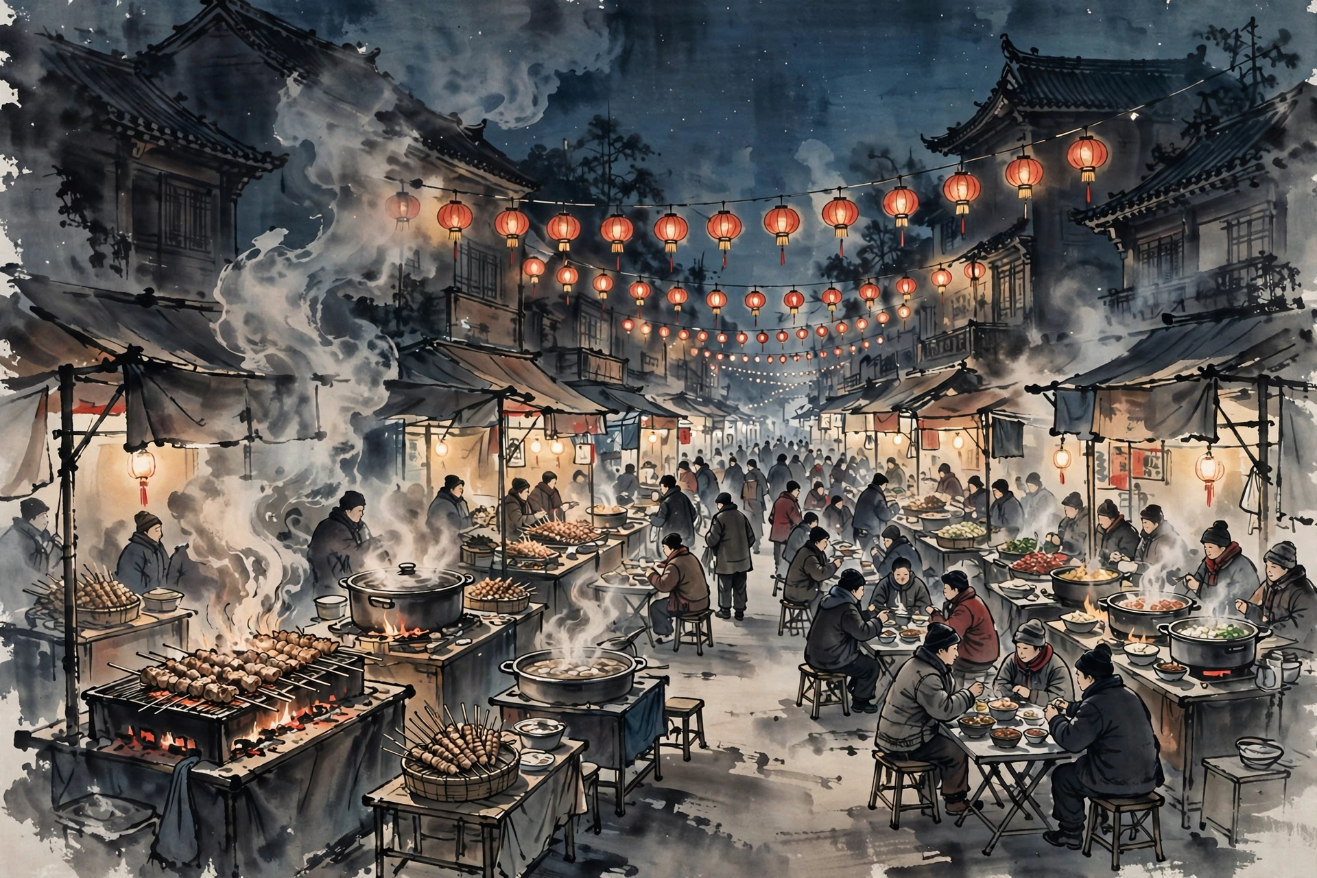 Ink-wash illustration of a lantern-lit Jilin night market with grilling skewers