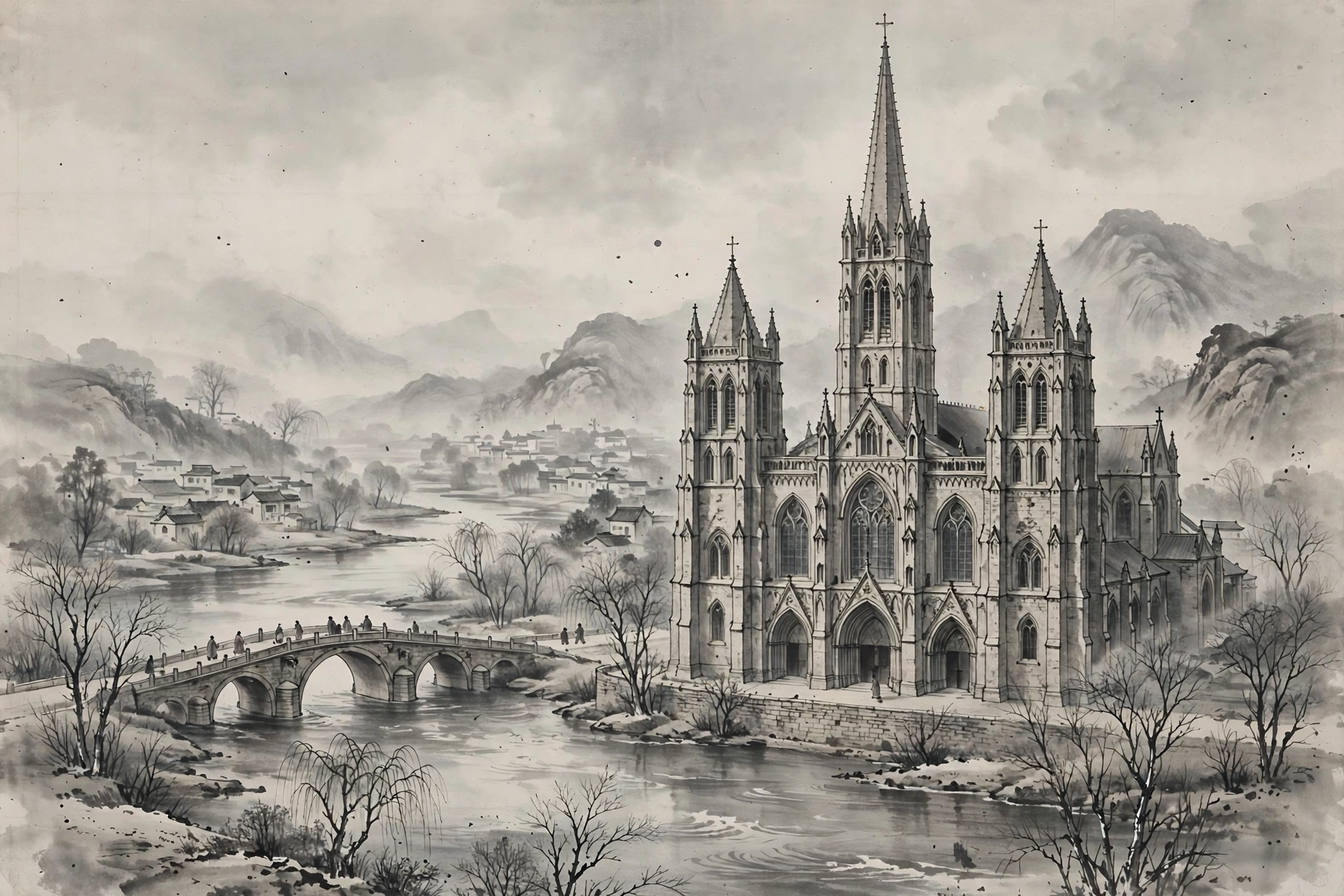 Ink-wash illustration of the Sacred Heart Cathedral's Gothic facade and bell tower by the Songhua River