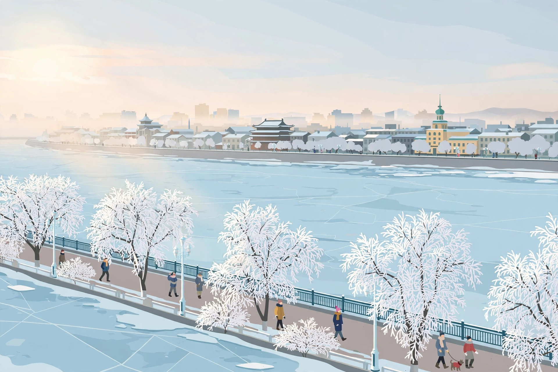 Songhua River waterfront in Jilin City in winter, with rime-coated trees (illustration)