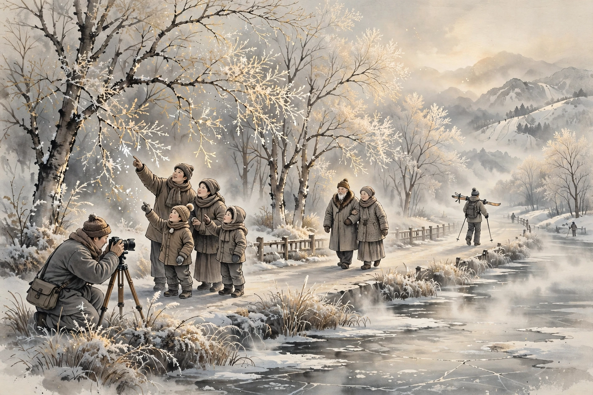 Ink-wash illustration of different travelers sharing Jilin's rime-iced riverfront